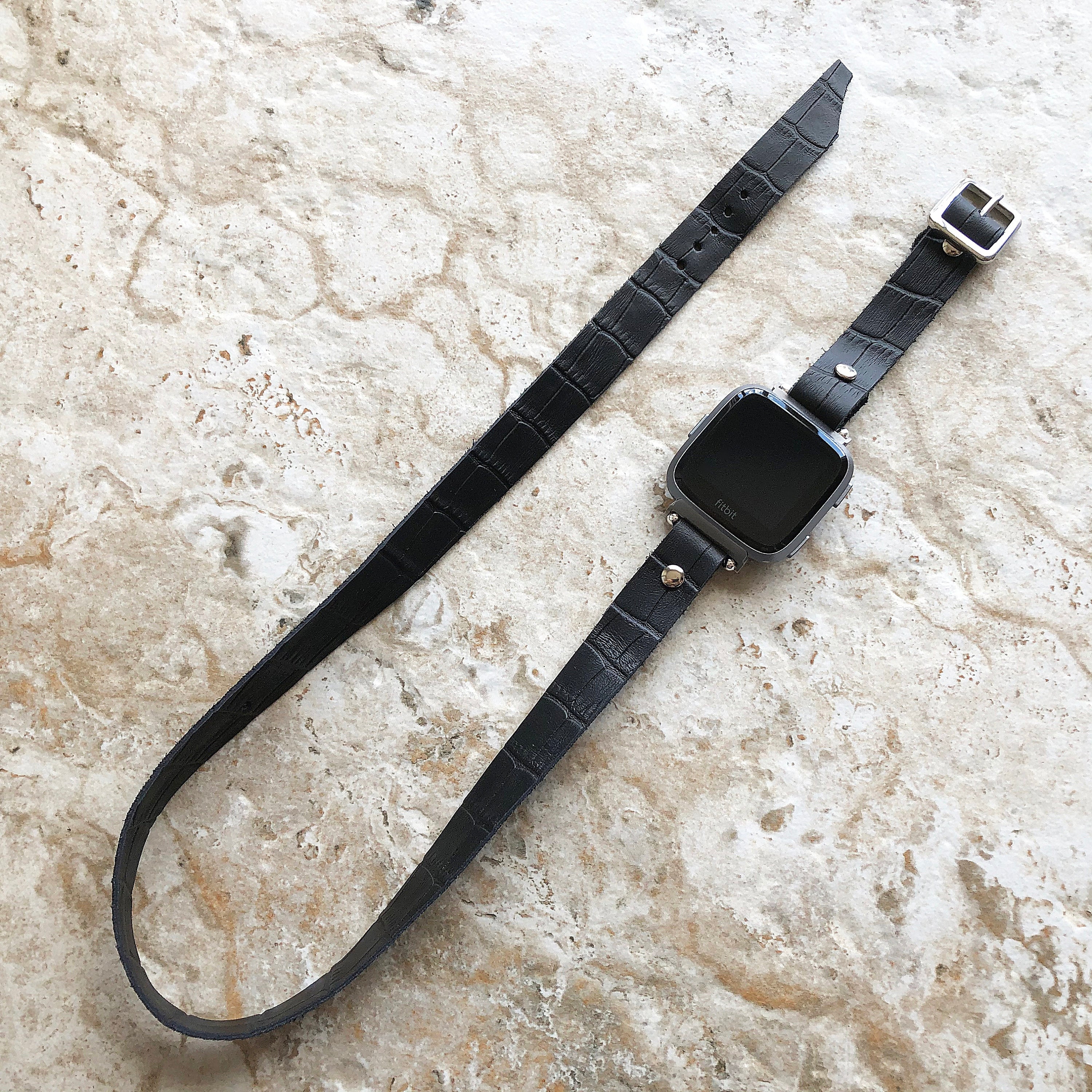 Apple Watches All Fitbit Versa 2 Ionic Black Crocodile Alligator Pattern Embossed Leather Watch Band Triple Wrap Around Wrist Bracelet Strap